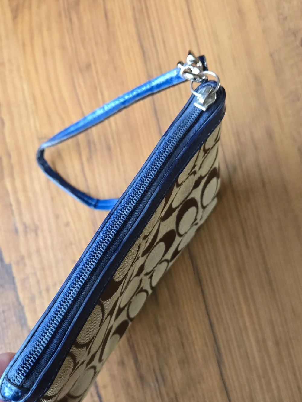 Coach Beige Signature Canvas Wristlet with Blue Trim